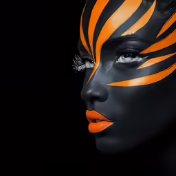 a woman with black, orange and white face paint on her face