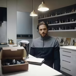 a man is standing next to a counter with some boxes