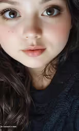 a close up photo of a young woman with blue eyes
