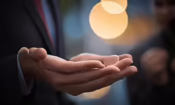 a person in a suit holding out their hands