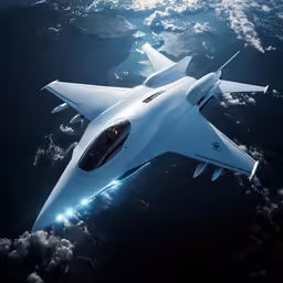 a white jet flying through the air over clouds