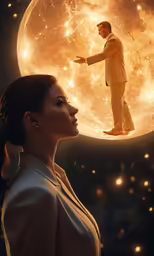 a woman looks up at an image of a man on the moon with light orbs