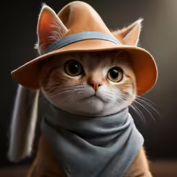 a cat with a hat and scarf tied around its neck