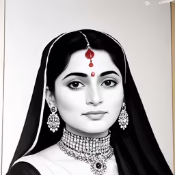 a portrait painting of an indian lady in traditional dress