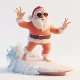 a figurine of santa riding a surfboard in the snow