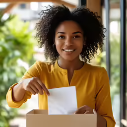 woman holding a card and envelope, in open envelope