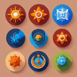 the top view of a colorful pattern, with four different objects,a set of eight flat icons in different shades
