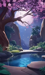 a pond with some flowers in it next to mountains and trees