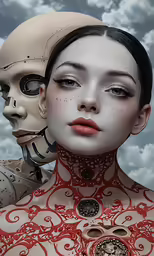 a beautiful woman with an odd face and a skeleton
