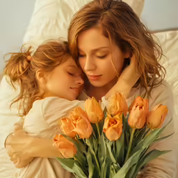 a mother hugs her daughter who is sleeping on the bed