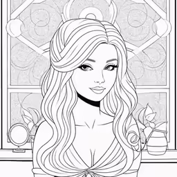 a drawing of a girl with long hair, standing near a window