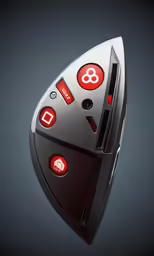 a futuristic computer with several red buttons