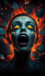 the image shows the face of a woman with fire coming from her mouth