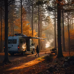 the van is parked in front of trees with smoke coming from the trees