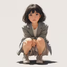 an asian girl in grey jacket and skirt kneeling on white background