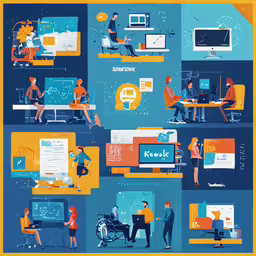 graphic for the office of a woman sitting at her desk, while a man sits in front of a computer monitor,a poster depicting people doing different things