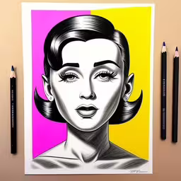 a drawing of a woman with black hair on pink, yellow and purple,there are two pencils and some art on the table,a painting with a woman