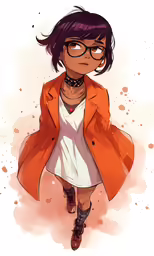 an animated character with purple hair wearing an orange coat and glasses