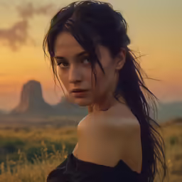 a woman is standing in a grassy field