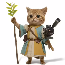 a cat that is holding a camera and a plant