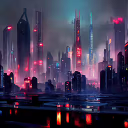 a digital painting of futuristic city at night,futuristic city in the mist by night with red and blue lights