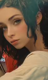 a close up image of a female with a wet top