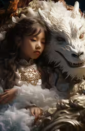 the girl in the dress is holding a large white wolf statue,young girl laying in bed between two fake animals