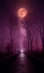 fog covered tree lined street in front of a full moon