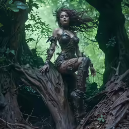 a young woman wearing an elegant costume is posed among tree roots
