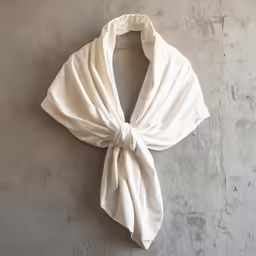 the back of an ivory shawl hung on a wall