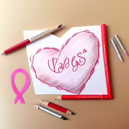 there is a drawing of a pink heart and two red pencils,a heart with the word baby written across it,two pens, a piece of paper and a heart - shaped pink notepad on a table,a notebook with pink and grey markers next to it, and a heart drawing with pink ink,some pink pens are next to a notebook that reads love and heart