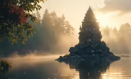 an island in the middle of a lake surrounded by trees