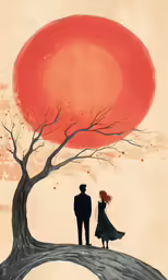 a woman and a man standing on a tree looking at the red sun