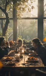 two men sitting at a table with plates of food