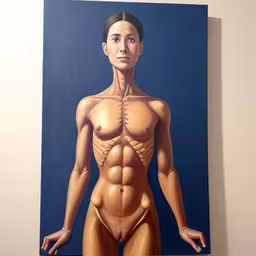 a woman is posing with her naked torso,a painting of a nude woman, with no shirt