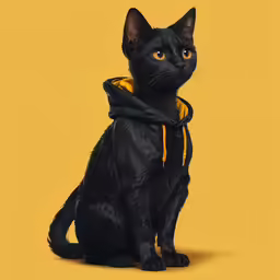 black cat in yellow and black jacket sitting on floor