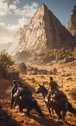 people are riding horses through the desert with rocks in the background