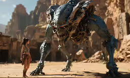 the woman stands next to the giant creature