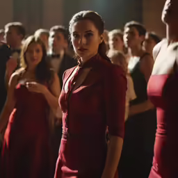 the woman in the red dress looks pensive