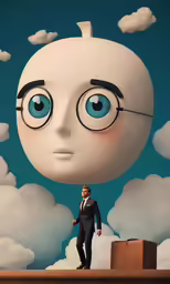 the man is standing in front of a huge balloon
