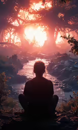 a person sitting on the ground in the middle of a forest at sunrise