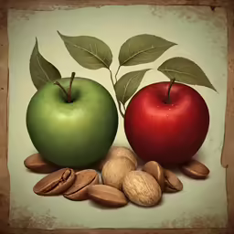 an apple, almonds and green leaf on a table