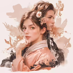 two women with flowers in their hair, one has a butterfly on her head