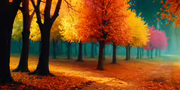 several trees in the park with many colors on them,colorful, autumn trees line a path in the forest