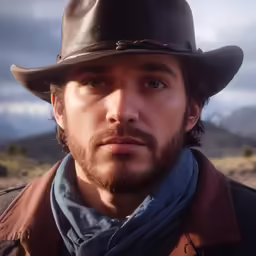 a man with a cowboy hat and scarf standing in the field