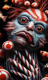 a clown wearing glasses and looking like he is surrounded by other clowns