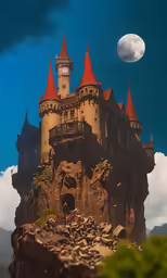 a castle in the sky, with its lights on, with clouds and a half moon in the background