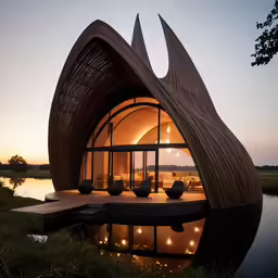 a floating cabin in the middle of a pond