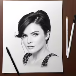 pencil drawing of a woman with brown eyes