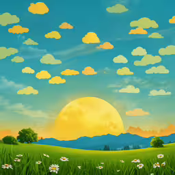 a cartoon style scene with hills and trees, some flowers on the grass, a yellow sun in the background and many clouds,a field with grass, flowers and clouds in the sky